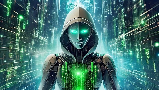Illustration of an Artificial Intelligence represented in humanoid form that lost control and became very dangerous or was used by malicious human beings to commit evil.	