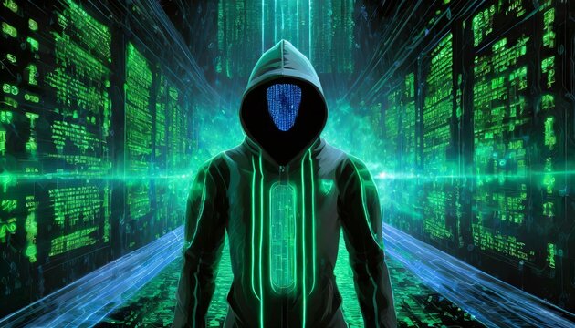 Illustration of an Artificial Intelligence represented in humanoid form that lost control and became very dangerous or was used by malicious human beings to commit evil.	