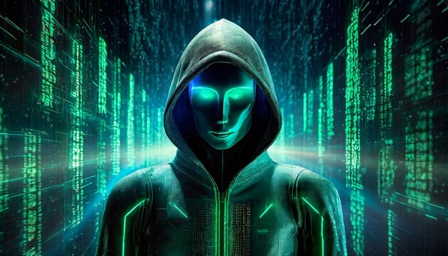 Illustration of an Artificial Intelligence represented in humanoid form that lost control and became very dangerous or was used by malicious human beings to commit evil.	