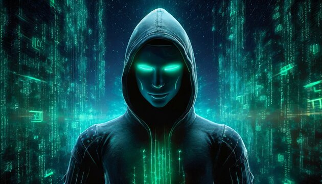 Illustration of an Artificial Intelligence represented in humanoid form that lost control and became very dangerous or was used by malicious human beings to commit evil.	