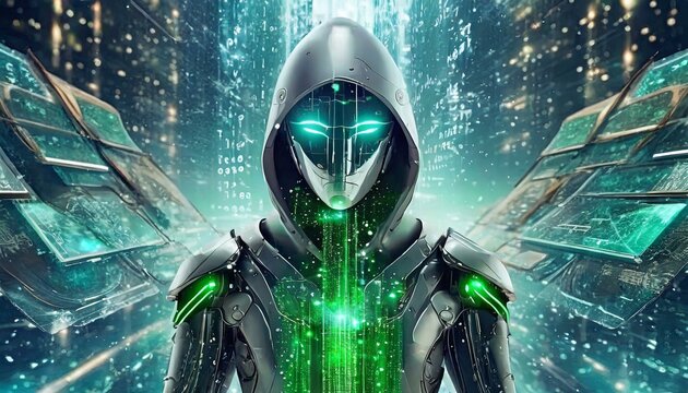 Illustration of an Artificial Intelligence represented in humanoid form that lost control and became very dangerous or was used by malicious human beings to commit evil.	