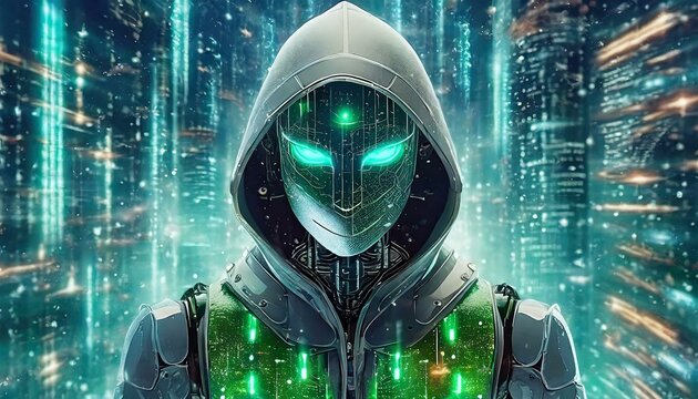 Illustration of an Artificial Intelligence represented in humanoid form that lost control and became very dangerous or was used by malicious human beings to commit evil.	