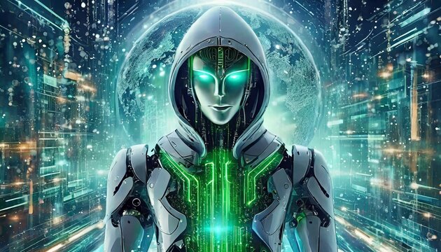 Illustration of an Artificial Intelligence represented in humanoid form that lost control and became very dangerous or was used by malicious human beings to commit evil.	