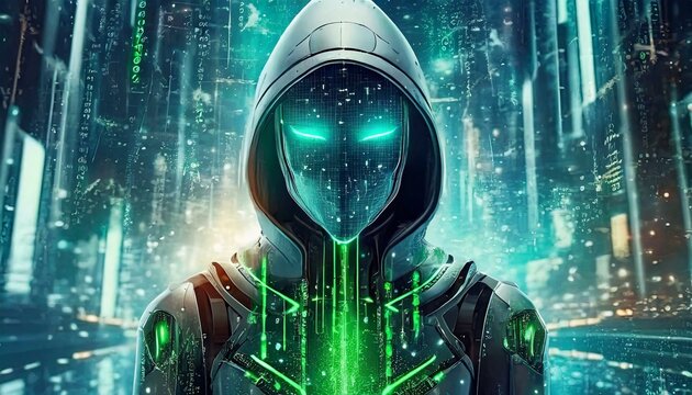Illustration of an Artificial Intelligence represented in humanoid form that lost control and became very dangerous or was used by malicious human beings to commit evil.	