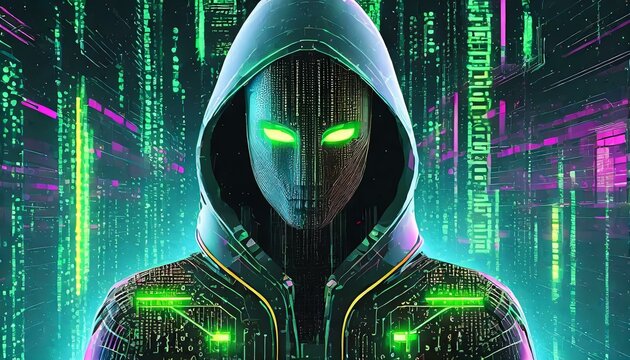 Illustration of an Artificial Intelligence represented in humanoid form that lost control and became very dangerous or was used by malicious human beings to commit evil.	