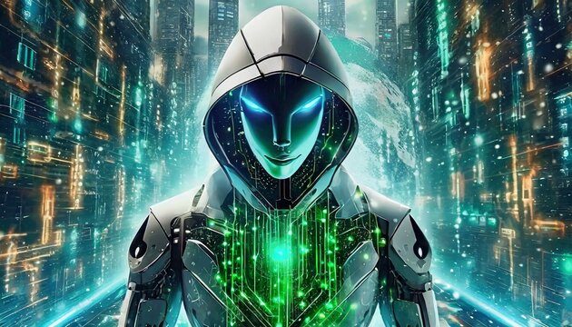 Illustration of an Artificial Intelligence represented in humanoid form that lost control and became very dangerous or was used by malicious human beings to commit evil.	