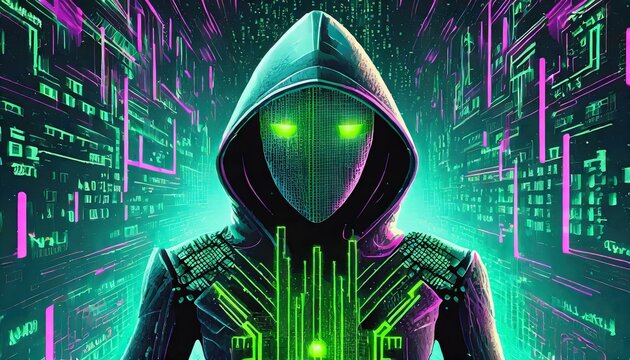 Illustration of an Artificial Intelligence represented in humanoid form that lost control and became very dangerous or was used by malicious human beings to commit evil.	