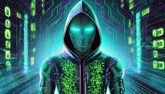 Illustration of an Artificial Intelligence represented in humanoid form that lost control and became very dangerous or was used by malicious human beings to commit evil.	