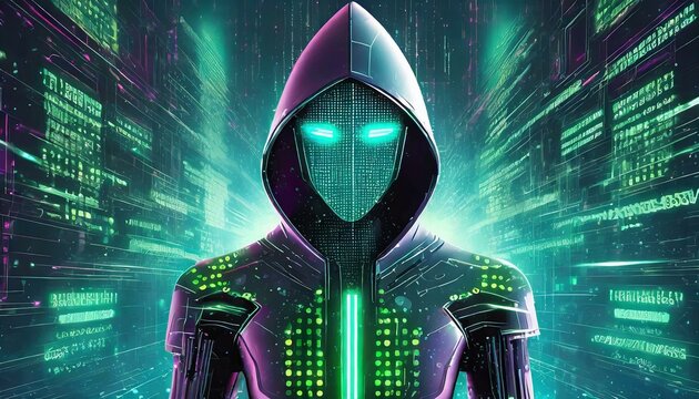 Illustration of an Artificial Intelligence represented in humanoid form that lost control and became very dangerous or was used by malicious human beings to commit evil.	