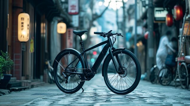 The image is of a black electric bicycle parked on a city street.