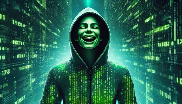 Illustration of an Artificial Intelligence represented in humanoid form that lost control and became very dangerous or was used by malicious human beings to commit evil.	