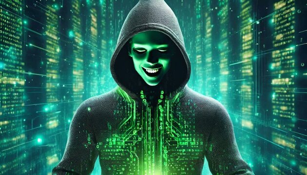 Illustration of an Artificial Intelligence represented in humanoid form that lost control and became very dangerous or was used by malicious human beings to commit evil.	