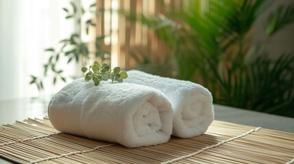 Soft and fluffy white towels are rolled up and placed on a bamboo mat.