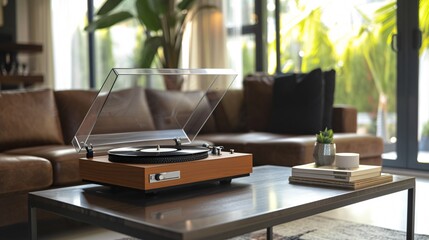 A retro styled record player sits on a table in a modern living room. The record player is made of wood and has a clear dust cover.