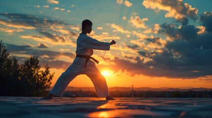 A young man in a white karate gi is practicing his kata at sunset. The sun is setting behind him, casting a warm glow over the scene.