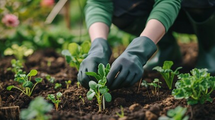 A gardener wearing green gloves is planting seedlings in a garden. The focus is on the hands and the plants. The background is blurry.