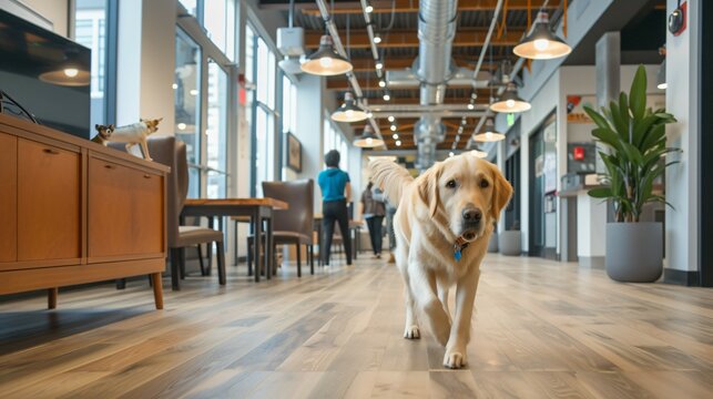 This is an image of a golden retriever walking down a hallway in an office building. The dog is wearing a blue collar with a tag.