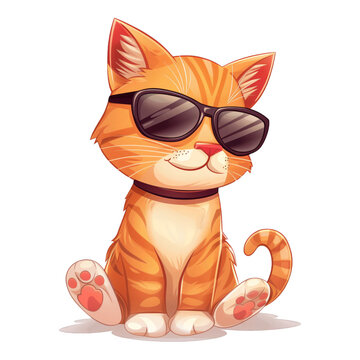 A cartoon cat wearing sunglasses and a collar sits on a white background