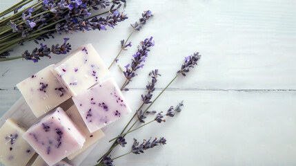 Ready-made handmade lavender soap lies on a wooden table next to lavender sprigs. Banner with copy space