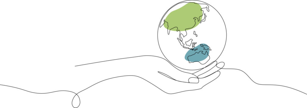 recommend clip art: Human hands holding Earth globe with leaves continuous line drawn. Linear world map,Save Planet concept. World environment day symbol.