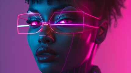 Striking portrait of a woman with neon pink and blue lighting, featuring futuristic glasses and a confident gaze