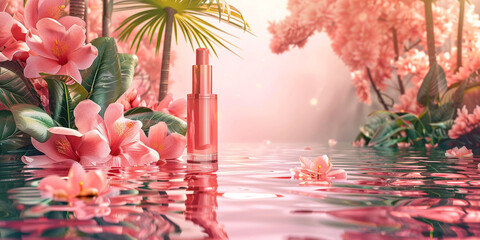 Beauty product cosmetic mockup on beautiful abstract spring nature pond with springtime plants and clean water. Horizontal banner.