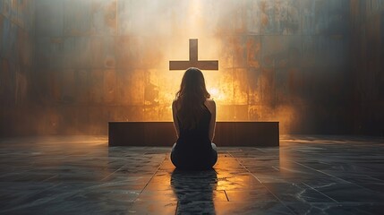 woman in a room praying in front of a wooden cross - obrazy, fototapety, plakaty