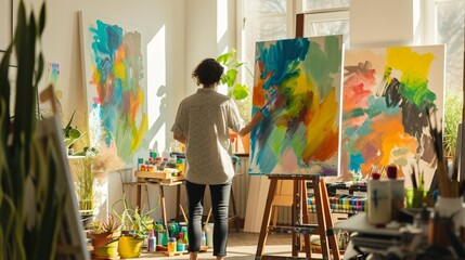 An artist in a sunlit studio paints on a large canvas.