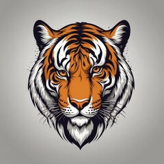 A tiger head with a fierce look on its face. The tiger is orange and black. The tiger's eyes are large and bright