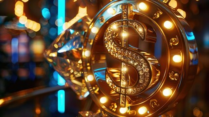 Illuminated golden dollar sign with lights - A dazzling golden dollar sign surrounded by bright lights presents a visual representation of wealth, luxury, and commercial success
