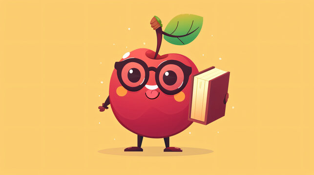 A cartoon apple wearing glasses and holding a book. The apple is smiling and looks happy. The apple is a teacher and is ready to teach its students.