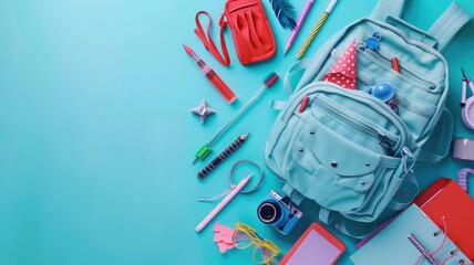 Colorful back-to-school supplies on teal background - A neatly arranged collection of school essentials showcasing a variety of vibrant colors on a teal backdrop