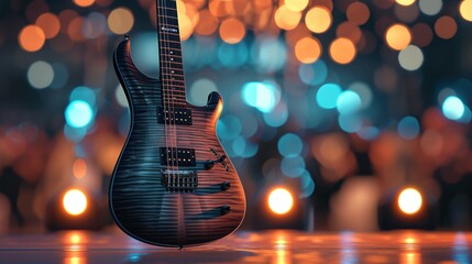 An electric guitar is placed on a reflective surface in front of a blurred background of bright...