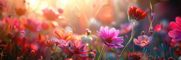 Field of dreamy cosmos flowers at sunset - Cosmos flowers bathed in the warmth of the setting sun, creating a dreamlike vision that captivates the soul - obrazy, fototapety, plakaty