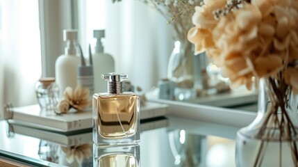 A beautiful transparent perfume bottle is placed on a mirrored surface. The bottle is surrounded by...