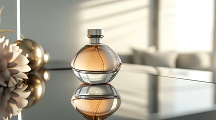 Fototapeta na wymiar Elegant perfume bottle on a glass table with blurred background.
