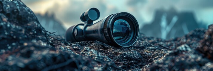 Telescope lens reflecting the upside down world - A captivating image showcasing a telescope lens lying on a rugged surface, reflecting a crisp, inverted image of the landscape - obrazy, fototapety, plakaty