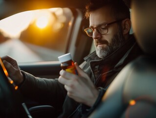 Pack of pills in the hands of the driver in the car. The use of pharmacological drugs for medical purposes while driving - obrazy, fototapety, plakaty