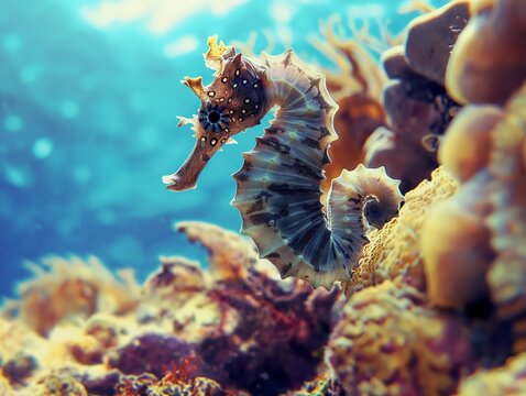 Mediterranean seahorse underwater against the backdrop of turquoise water and coral reef