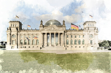 An illustration showing old vintage image of the German Reichstag building in Berlin. Vector illustration.
