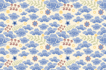 Seamless pattern with blue flowers. Hand drawn abstract ikat floral wallpaper design vintage vector illustration