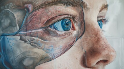 Hyper-realistic depiction of the human eye area, revealing detailed anatomy of the skin, muscles, and vasculature with a focus on the eye. - obrazy, fototapety, plakaty
