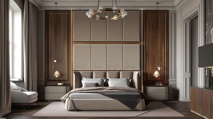 Fototapeta na wymiar Sophisticated bedroom with a fabric-paneled wall concealing hidden storage cabinets