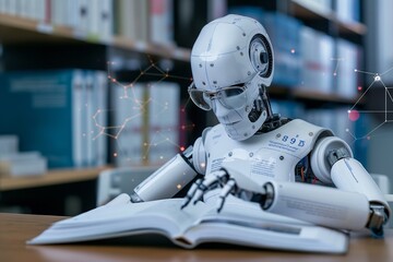 robot reading book and solving math data analytics, concept of future mathematics artificial intelligence