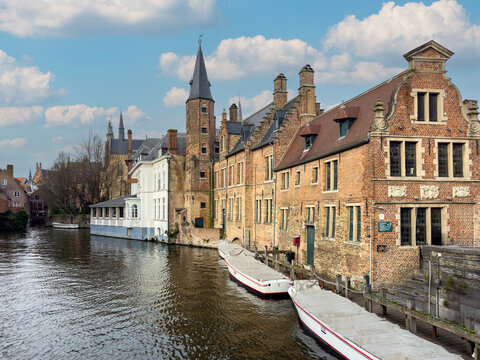 Beautiful canal and traditional houses in the old town of Bruges -Brugge-, Belgium