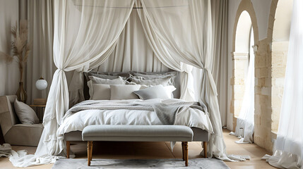 A bench in upholstered gray fabric, placed at the foot of a canopy bed with sheer drapes and plush bedding