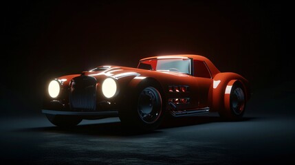 3D rendering of a classic red car with a shiny body. The car is lit by a single spotlight, which highlights its curves and details. - obrazy, fototapety, plakaty