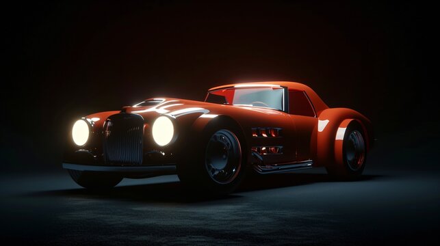 3D rendering of a classic red car with a shiny body. The car is lit by a single spotlight, which highlights its curves and details.