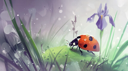 Obraz na płótnie Canvas a ladybug sitting on top of a green grass covered field next to a purple flower and a purple flower.