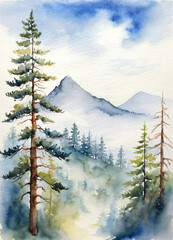 Pine forest, mountains. Watercolor. Generated AI